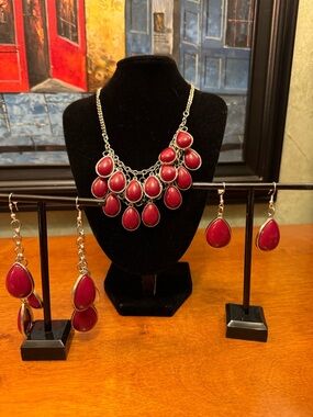 Red Teardrop Statement Necklace and 2 Earring Sets - Women Jewelry